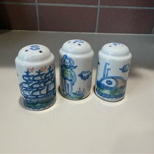 M A Hadley 3 salt and pepper Hand-Painted Blue and White Set